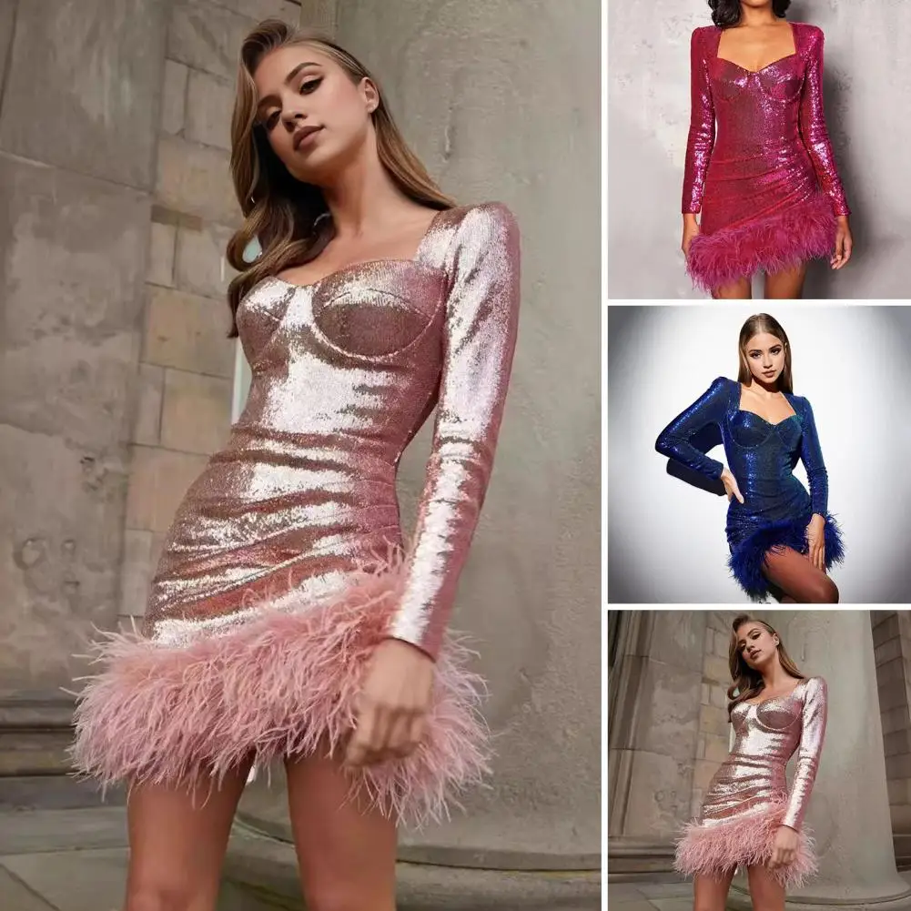 

Feather Hem Mini Dress Sequin Feathered Cocktail Party Mini Dress with Low-cut Square Neck Back Zipper Closure Women's Slim Fit