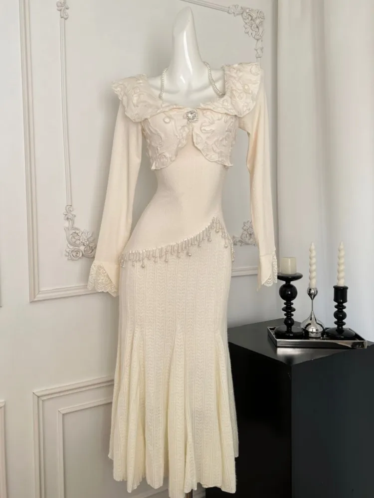 Women Autumn Spring Elegant Lace Mermaid Dres Slim Waist Vestidos Vintage Chic Evening Party Robe New