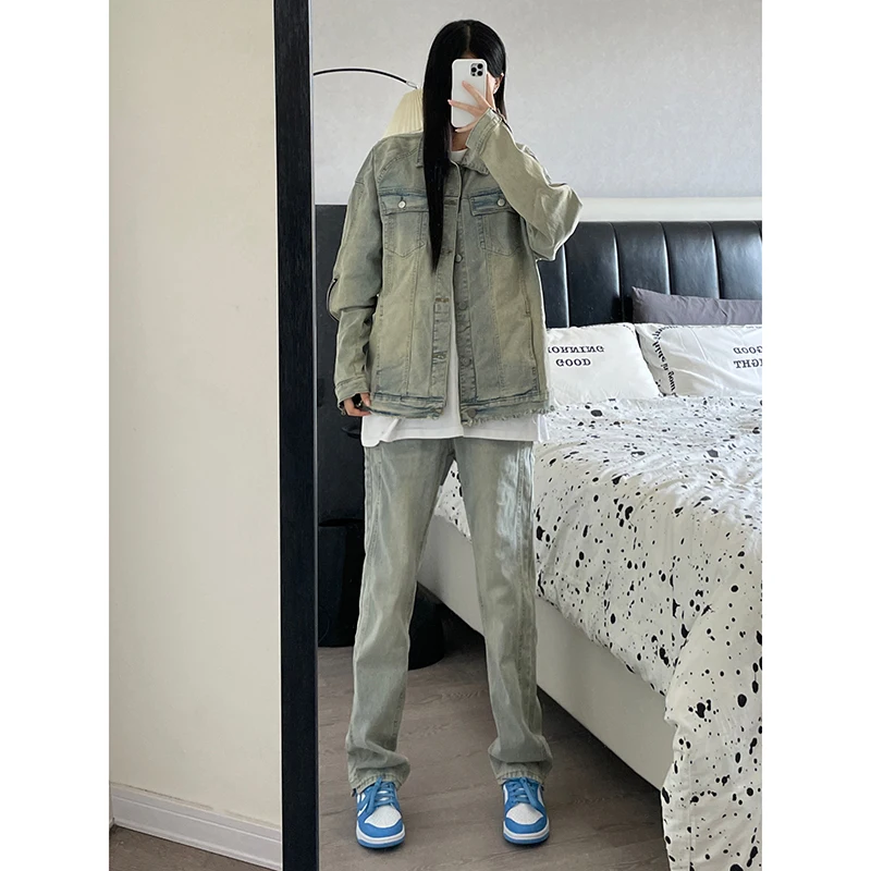 

High Elastici Yellow Mud Color Men's Jeans American High Street Vibe Trendy Brand Haome Street Micro Flared Pants
