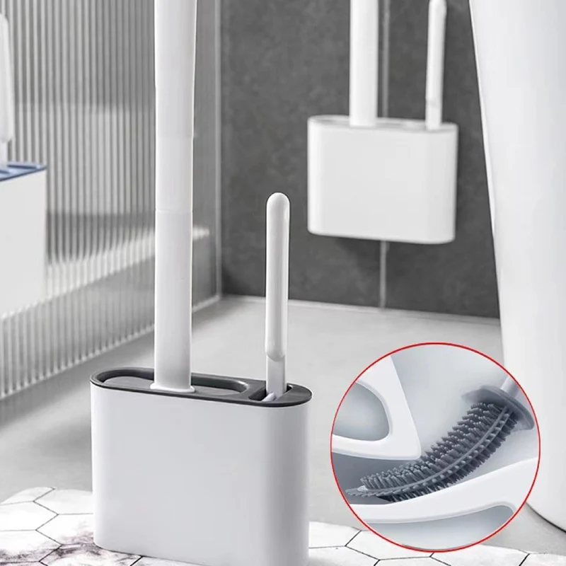 Wall Hanging Toilet Cleaning WC Brush Holder Long Handled Silicone Water Proof Quick Drying Soft Bristles Bathroom Accessories