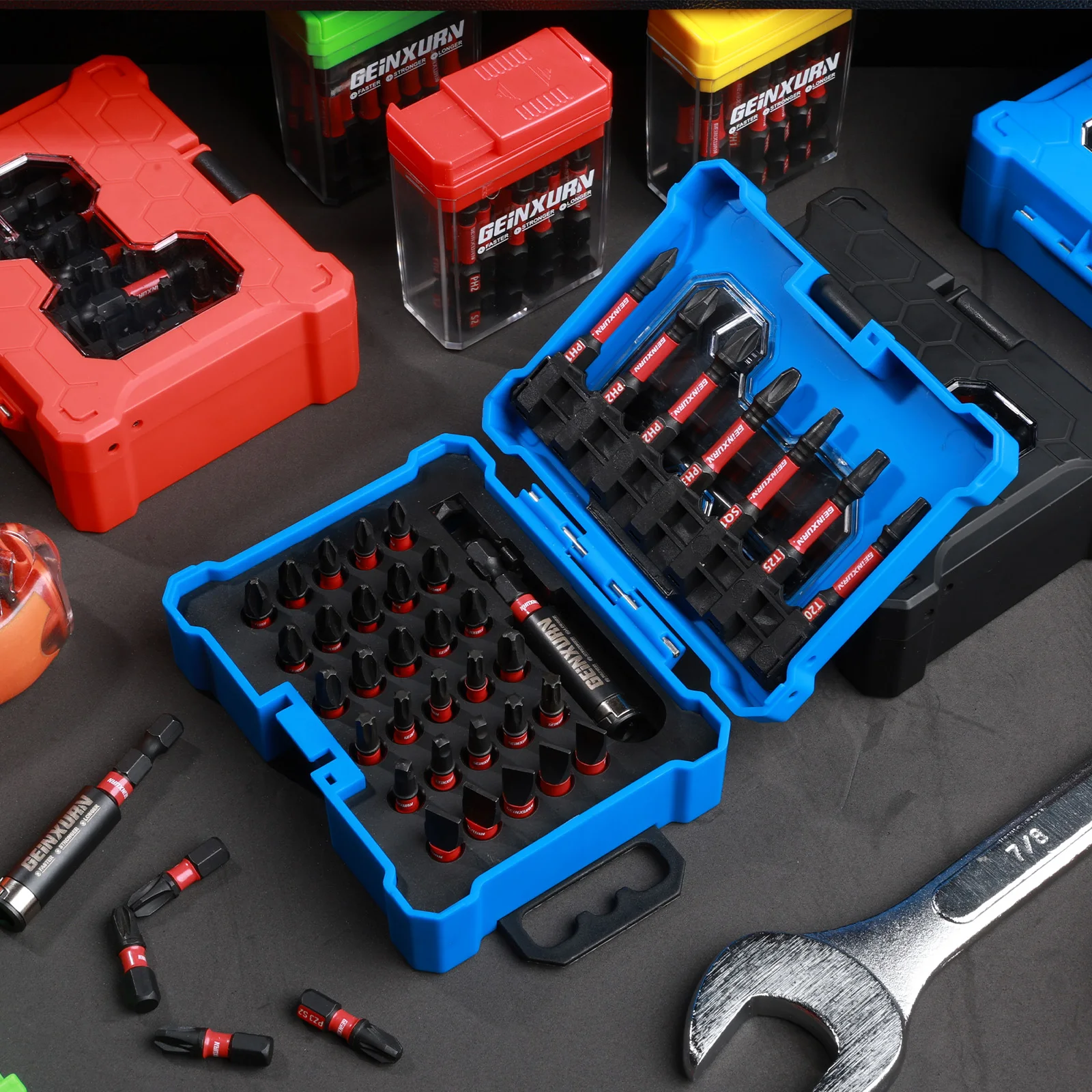 Geinxurn Box Packaged Mixed Screwdriver Bit Set(BLACK/BLUE/RED), S2 Steel Impact Magnetic Power Bit with Impact Bit Holder