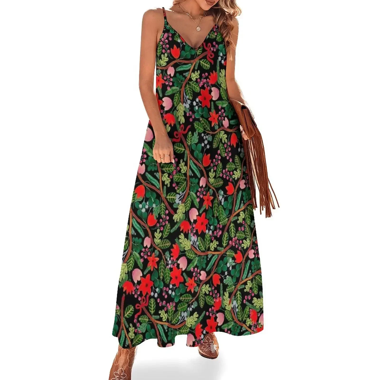 

Christmas Floral Pattern Black Sleeveless Dress dresses for woman 2025 Women's dresses Dress