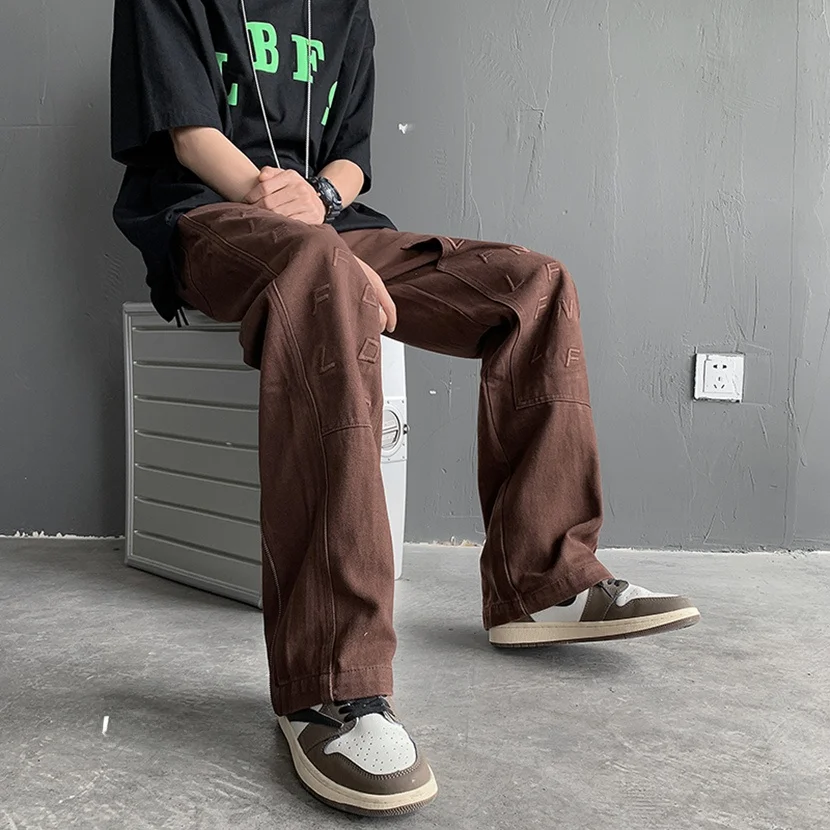 

Spring Autumn Men's Loose Straight Leg Jeans Embroidered Floor-Length High Street Vintage American Long Trousers Trendy