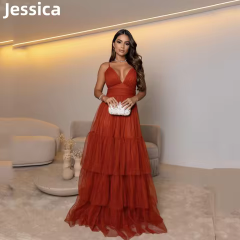 Jessica Orange Prom Dress Spaghetti Straps Tulle Evening Dresses Prom Dresses Elegant Lady Dinner Party Dresses Wedding Dress