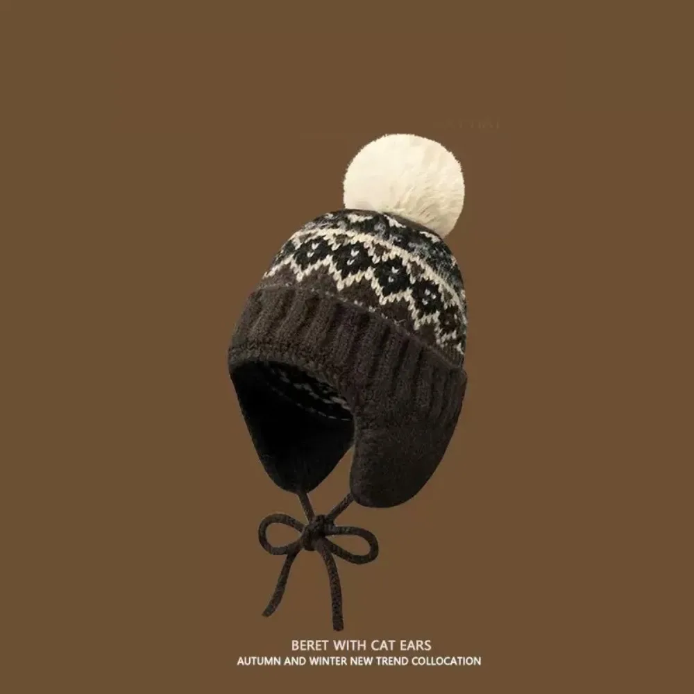 

Cute Warm Jacquard Knitted Hat Printed Vintage Ear Protection Hat Retro Korean Lei Feng Hat Autumn