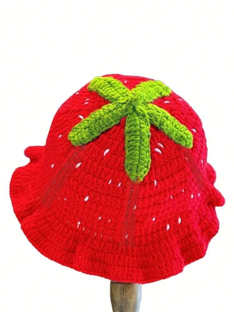Damen-Fischermütze in Cartoon-Rot-Erdbeerform, handgehäkelte und ausgehöhlte, gerüschte, niedliche Strickmütze im Bohemian-Stil – Detail 11