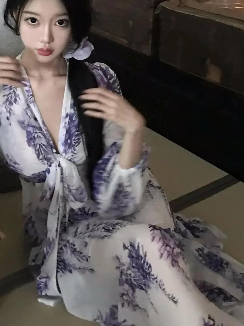 

plus Size V-Ne Floral Print Me Dr Slimming Waist Belt Long Skirt Casual French Sle Polyester Fabric Five-Quarter Sve