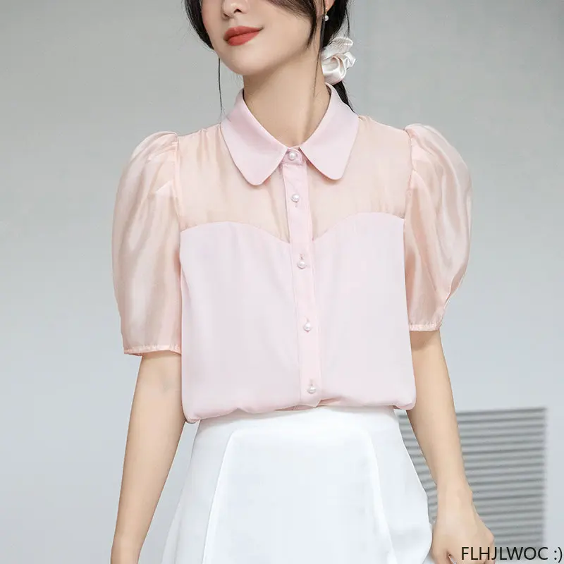 Korea Chic Puff Sleeve Sheer Mesh Tops Blusas Japan Style Elegant 2023 Summer Cute Girls Button Shirts Flhjlwoc Women Blouses