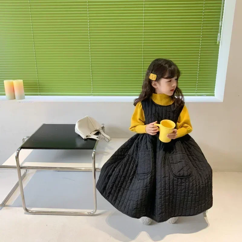 Girls Skirt 2024 New Girls Sleeveless Quilted Lace-up Skirt Children Thickened Solid Color Sundress Korean Simple Style Dress