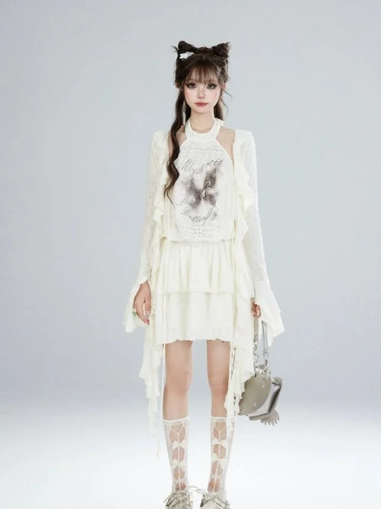 Y2k Aesthetics Sweet Ruffle Shirt Spring Grunge Solid Hole Bandage Blouses Fairy Harajuku Flare Sleeve Blusas Cropped Clothes