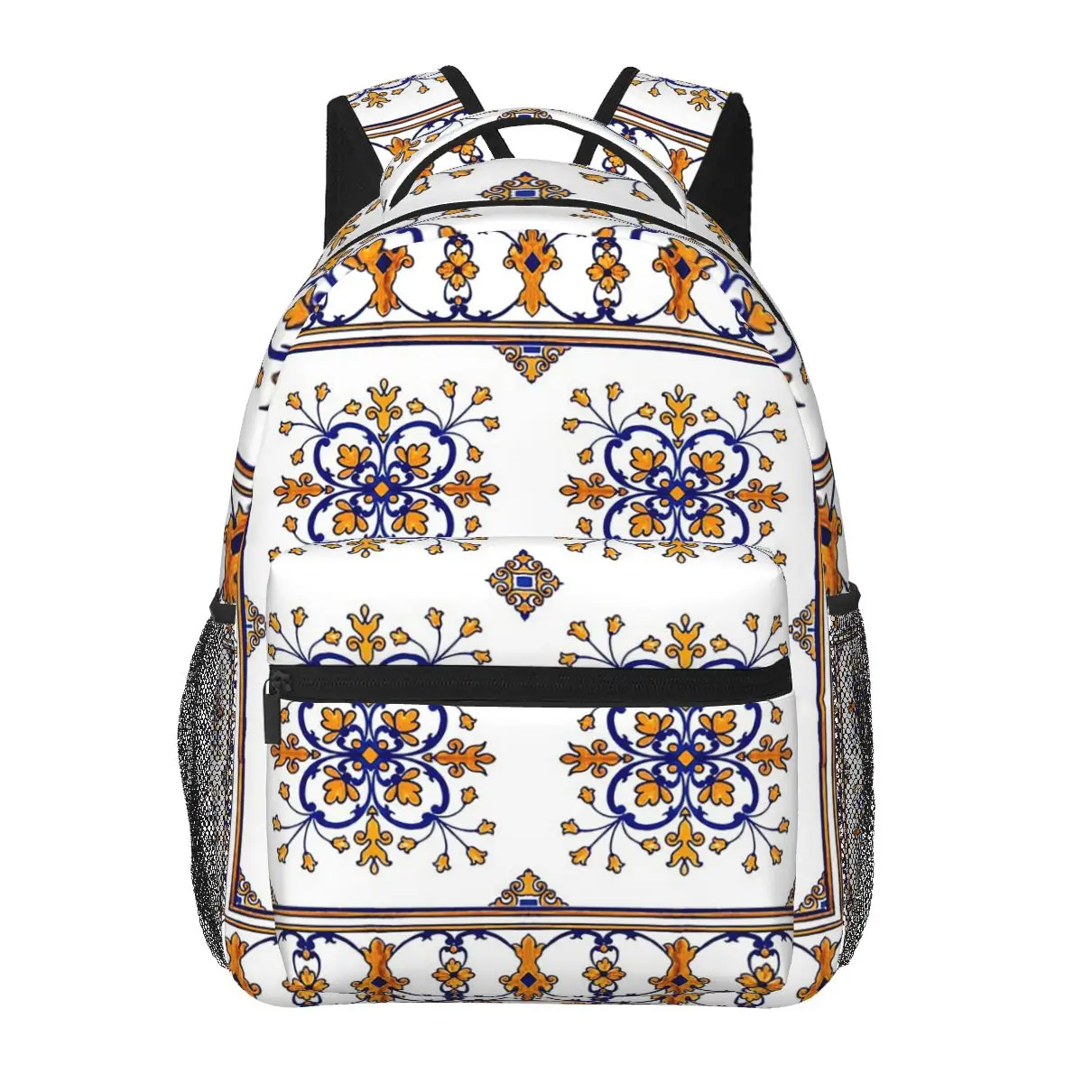 Traditional Portuguese Azulejo Blue Orange Floral Tile Student Backpack School Bag Hiking Travel Daypack Bookbag Shoulder Bags
