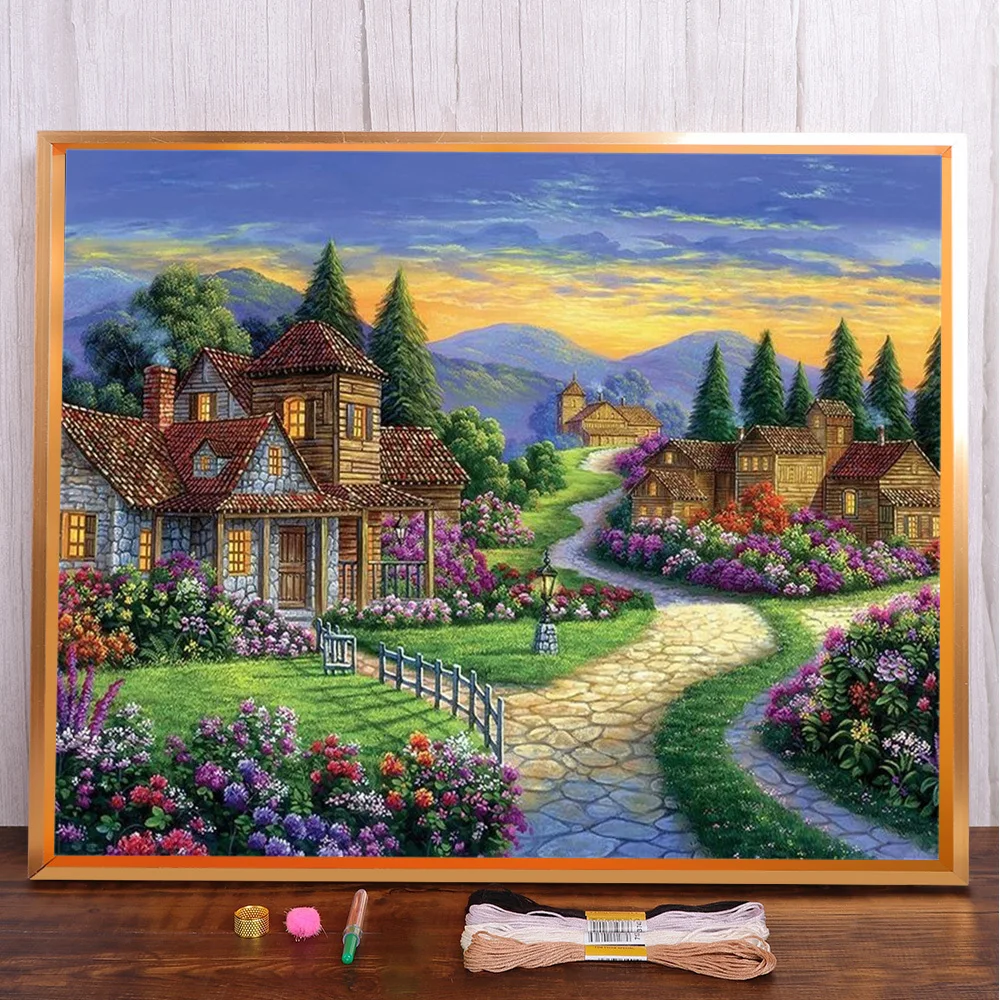 

Landscape Villa Pre-Printed Cross Stitch Embroidery Complete Kit Handiwork Craft Handicraft Sewing For Adults Different Magic