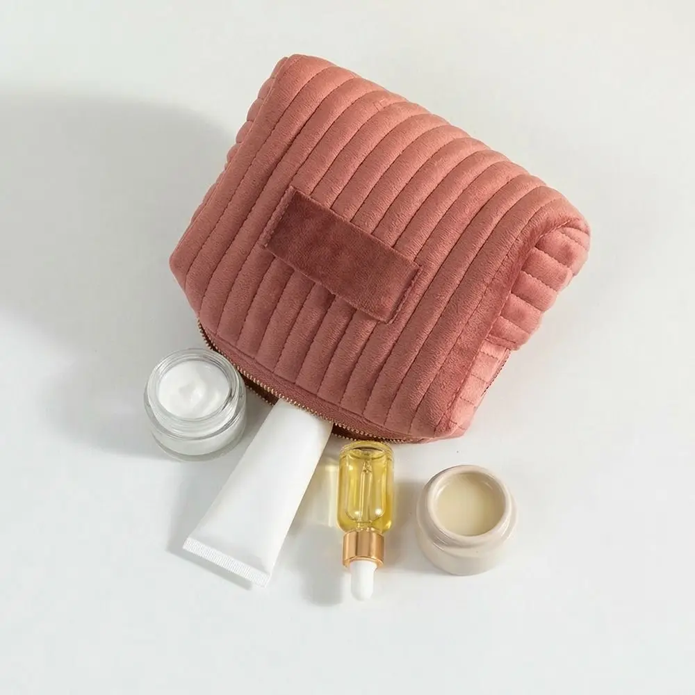 Portable Velvet Makeup Bag Soft Touch Large Capacity Toiletry Bag Striped Quilting Makeup Pouch Girls