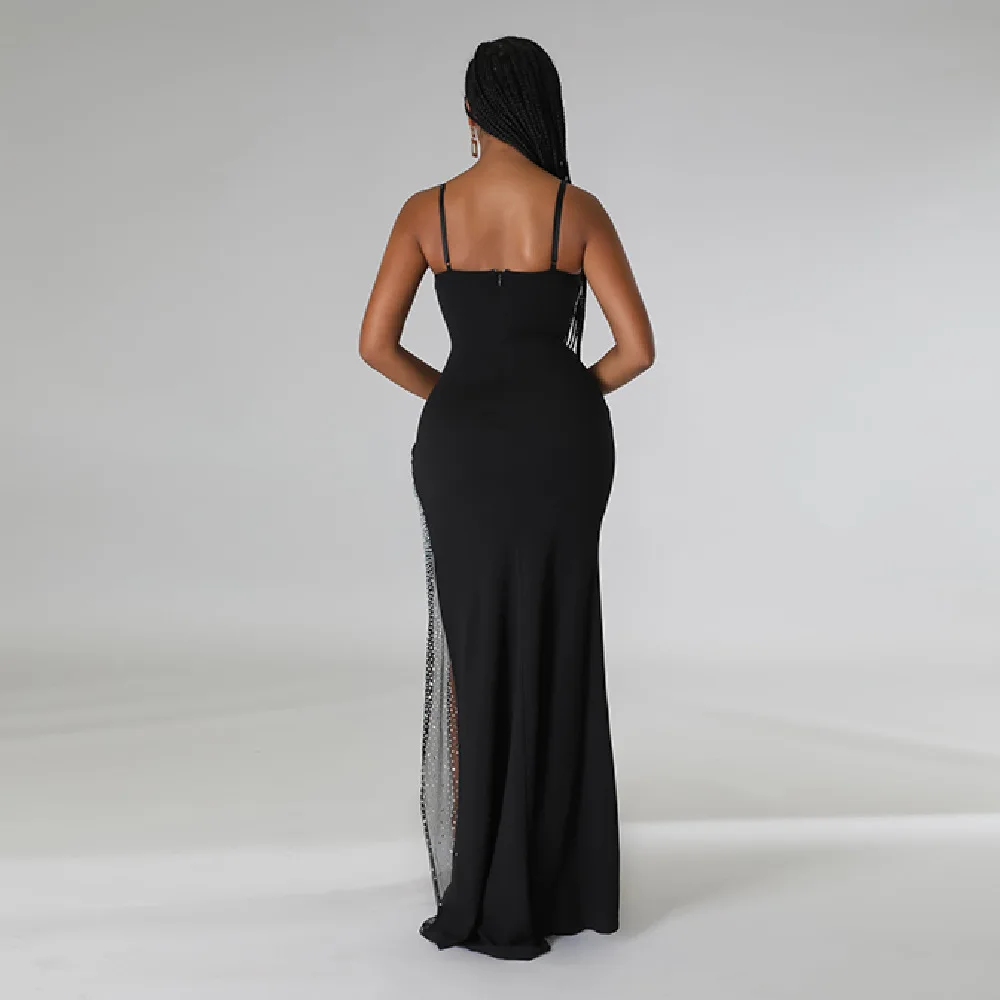 Sexy Damenkleid mit Hosenträgern, mit Diamanten besetztem Netz, unregelmäßigem Rock, Brustkissen, beliebtes Kleid, Bankettkleid