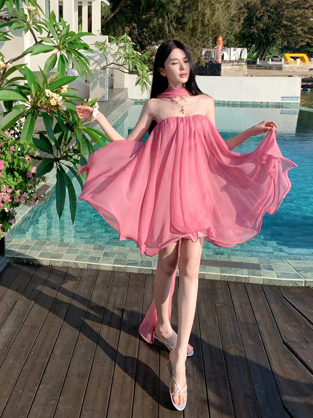 

Sweet Summer Travel Dress French Style Pure Color Tie Waist Bared Shoulder Cotton Soft Medium Elasticity A-Line Skirt Dress