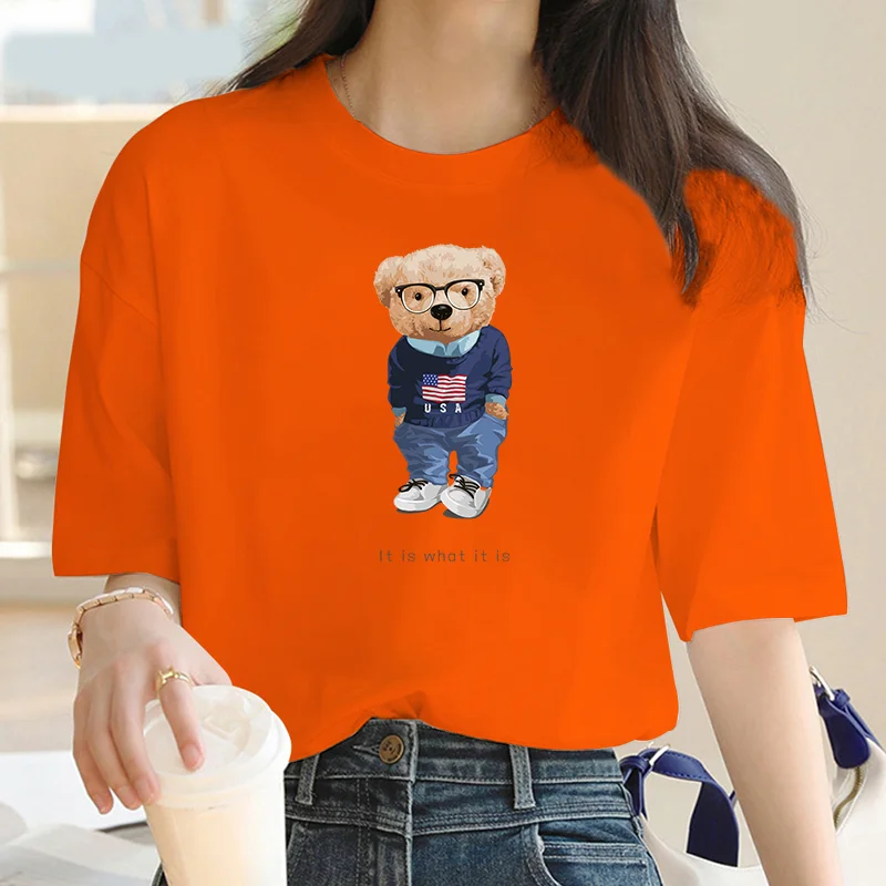 Camiseta informal de manga corta con estampado de oso de dibujos animados para mujer, Camiseta holgada de gran tamaño con cuello redondo, moda Y2K,