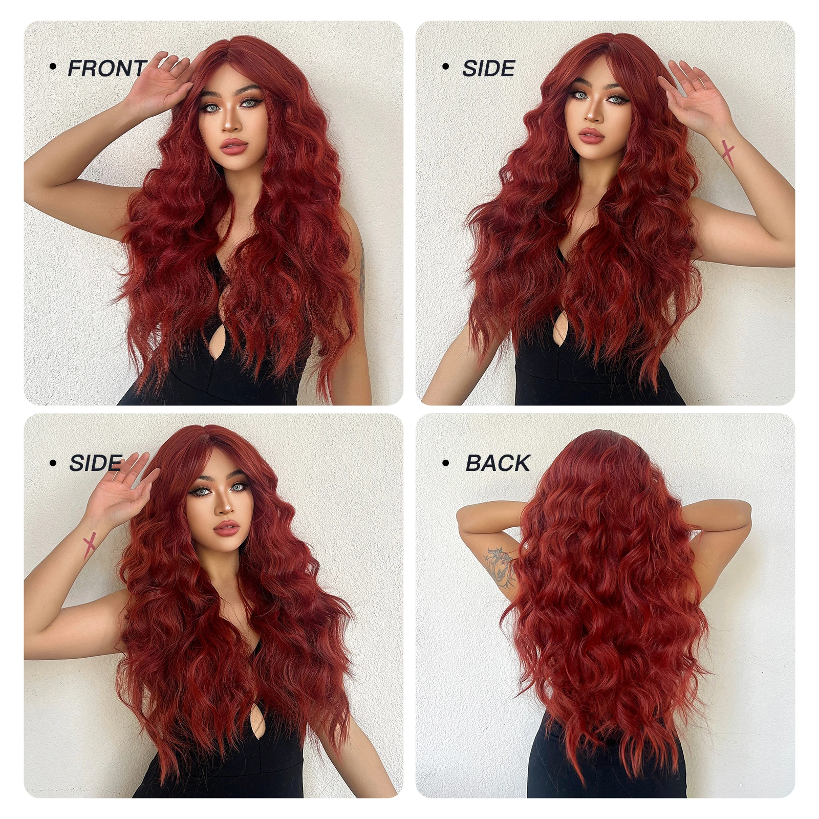 Long Curly Synthetic Wigs Wine Burgundy Hair with Bangs Water Wave Wig for Women Heat Resistant Body Wave Wig Full Hair Cosplay