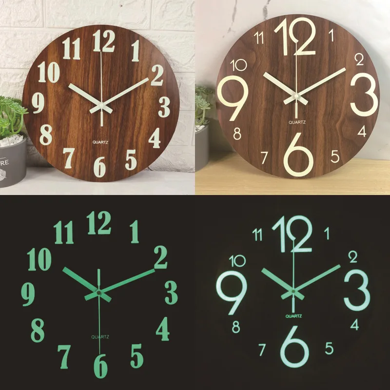 Luminous Wooden Wall Silent Clock Mdf Wood Grain Luminous Creative Fluorescent Clock Simple