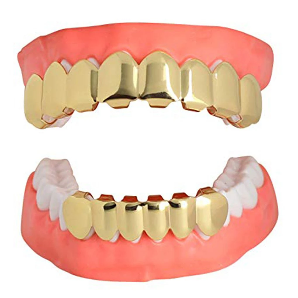 Top Bottom False Teeth Portable Halloween Grills Copper Plated Gold Tooth Performance Party for Christmas Festival