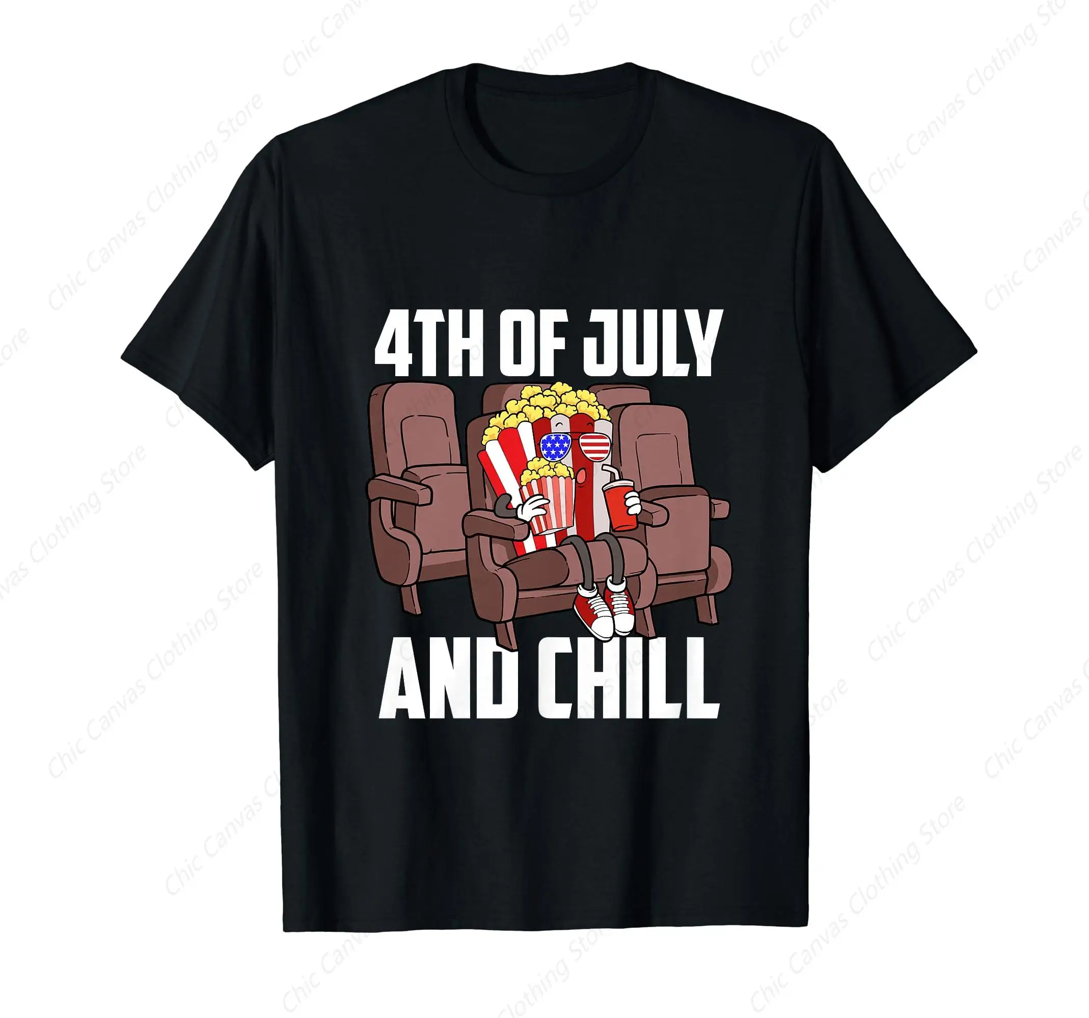 

July 4th Fun Popcorn Printed Shirt Eating Patriotic Food Enthusiasts T-shirt Cotton Comfortable Short Sleeve