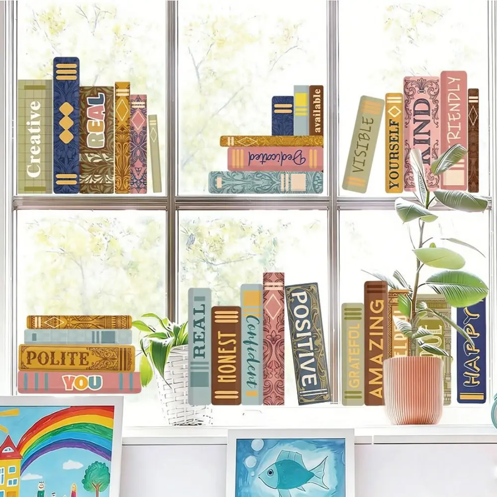 6PCS/Set Multicolor Bookshelf Window Stickers Cartoon Books Static Cling Glass Decals No Residue Removable