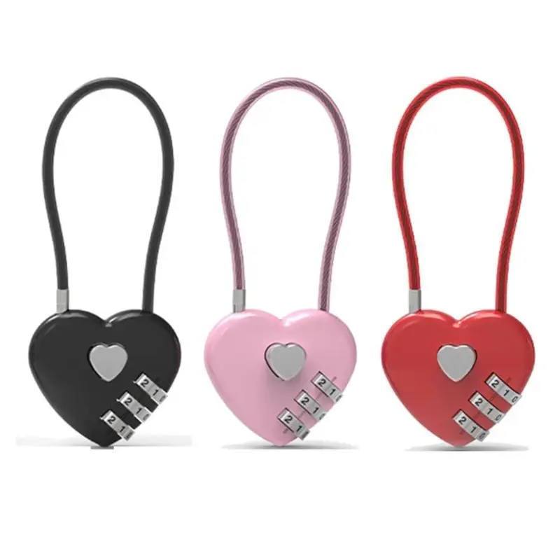 Heart Wish-Lock for Lovers Wedding Mini Code Lock Combination Padlock for Travel Bags Suitcase Long Wire Rope-Lock