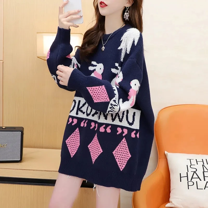 Plush Thickened Red Christmas Sweater Women\'s Sweet Autumn And Winter 2023 new Loose Lazy Style Knitted Top Blend Wool Pullover