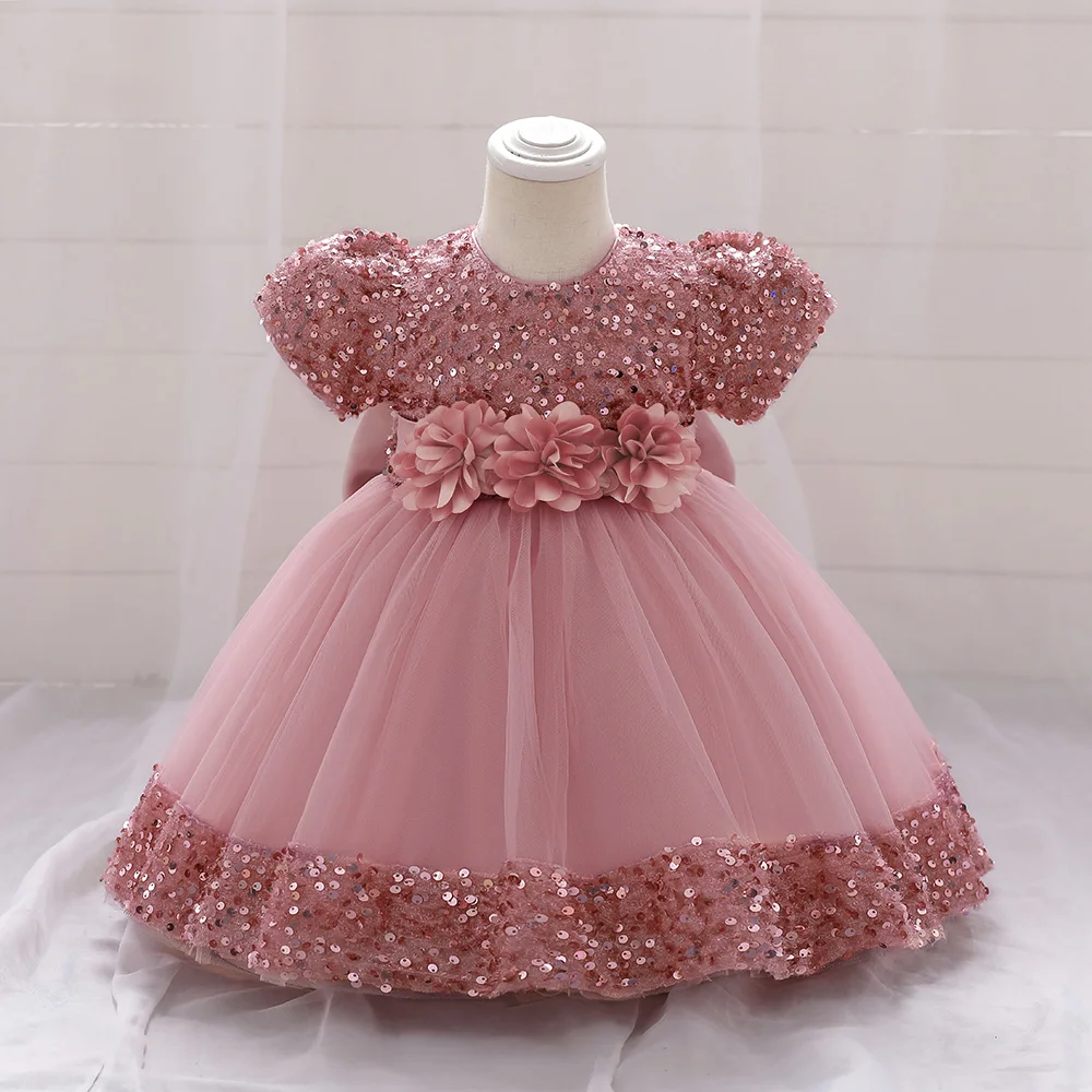 Bow Christmas Baby Girl Dresse Infant Sequin 1st Birthday Red Party Wedding Prom Kids Dresses For Girl Lace Flower Princess Gown