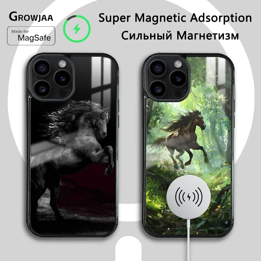 

Luxury Dark Horse Animal Phone Case For iPhone 16 15 14 13 12 11 Pro Max Plus Mini Magsafe Mirror Wireless Magnetic Cover