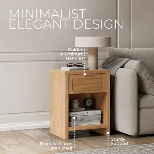 Natural Nightstands, Boho Bed Side Table for Living Room, Minimalist Night Stand with Drawer and Storage Shelf view 5