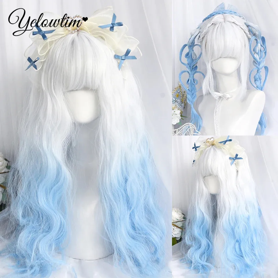 

Long Curly Wave Wig with Bangs White Biue Colorful Cosplay Wig for Women Daily Party Natural Soft Synthetic Hair Heat Resistant