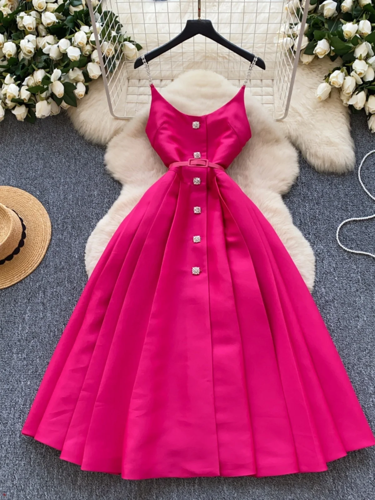 

Ele Summer Strap Dr Women's Mid-Length A-Line Skirt Pleated Waist-Cinching Slimming Design Korean Sle Commute