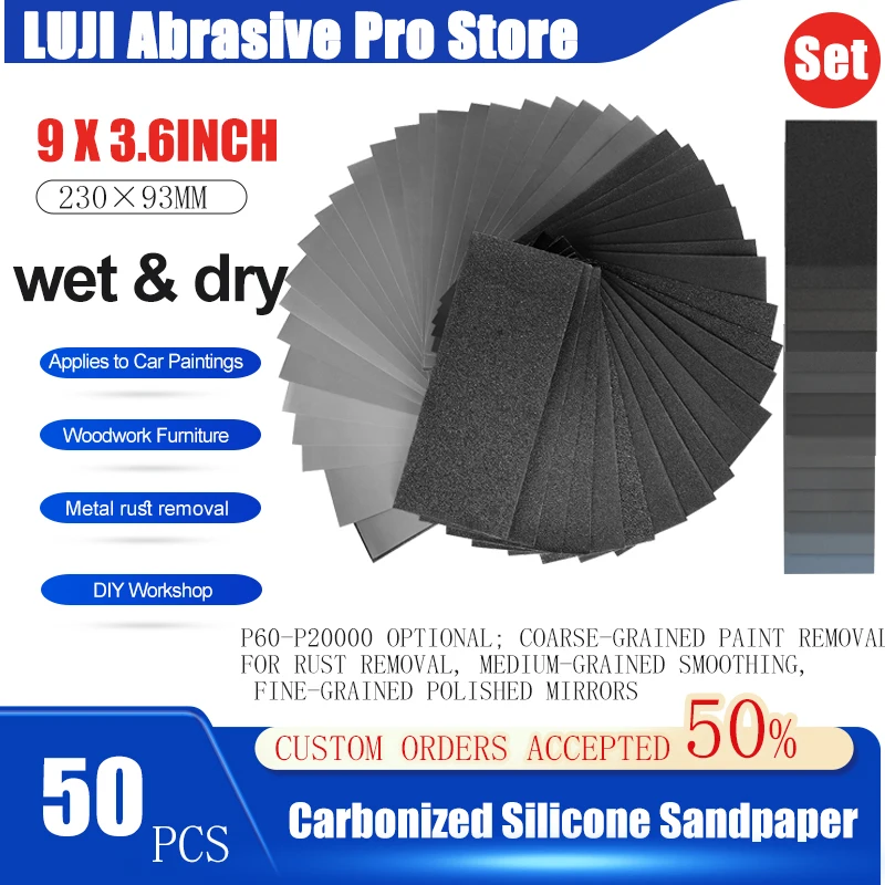 50 PCS 230x93mm Silicon Carbide Waterproof Sanding Sheets Wet Dry Sandpaper 800-5000 Grits Sandpaper
