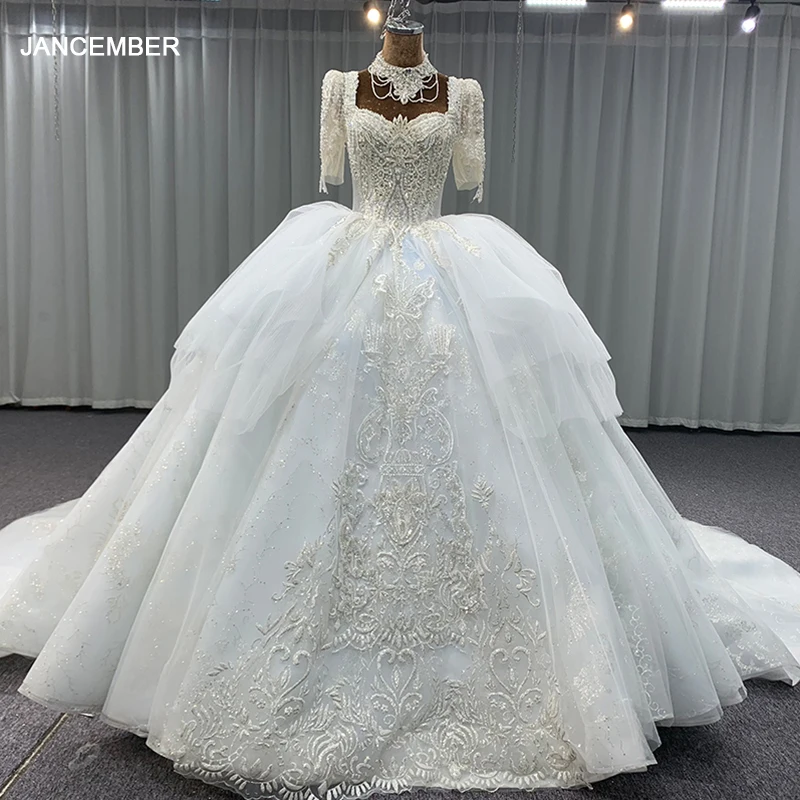 

Luxury Rushed Women's Long Dress For Wedding Ball Gown Organza Short Sleeves Court Train Ruffles Sequined Vestido De Novia MN197