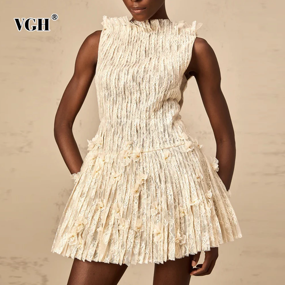 

VGH Baby Blue Slimming Sweet Dresses for Women Round Neck Sleeveless Patchwork Applique Summer Mini Dress Female Clothing New