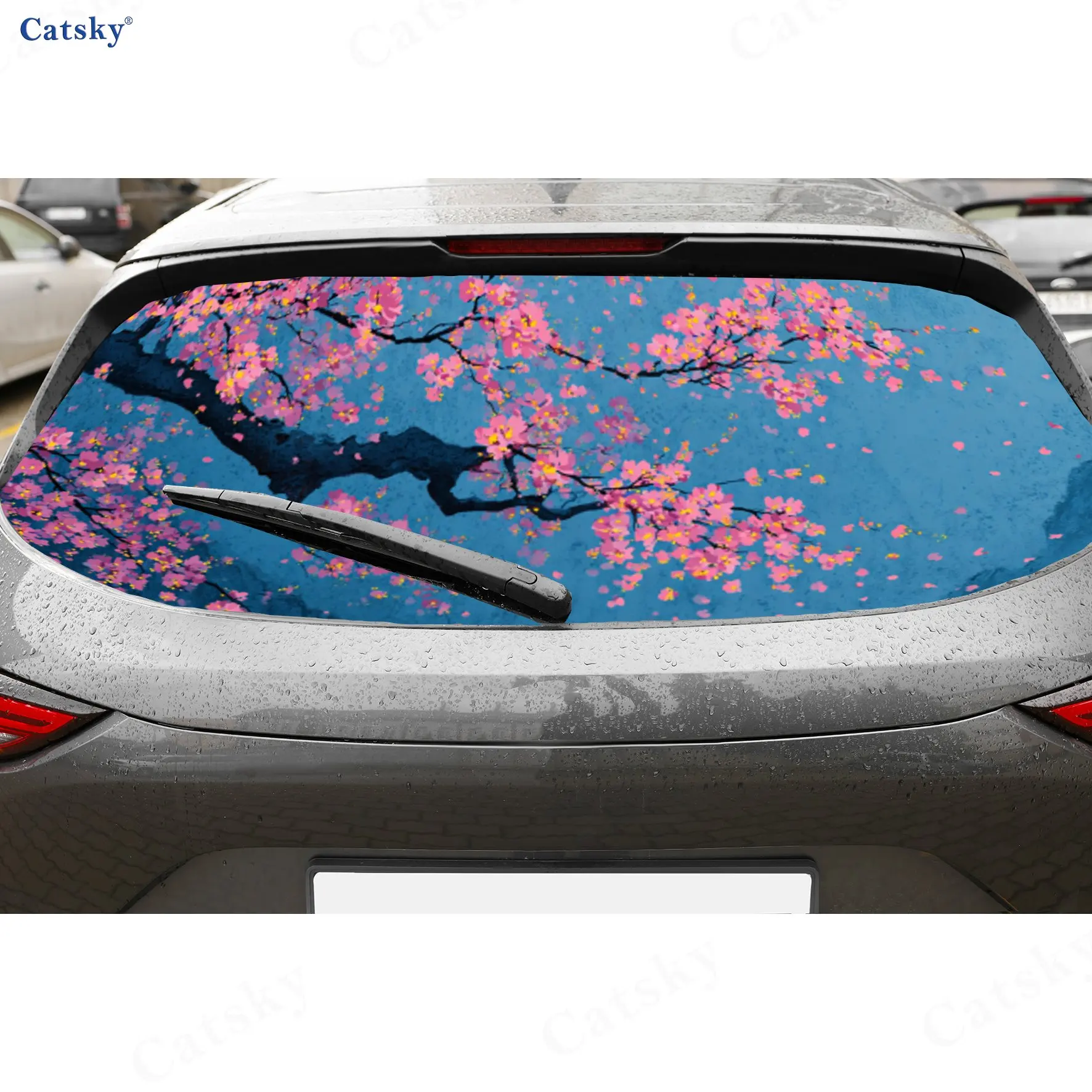 

Japanese Cherry Blossom Romantic Art PVC Perforated Car Vinyl Wraps, Durable Car Rear Windshield Sticker, Waterproof Car Rear Wi