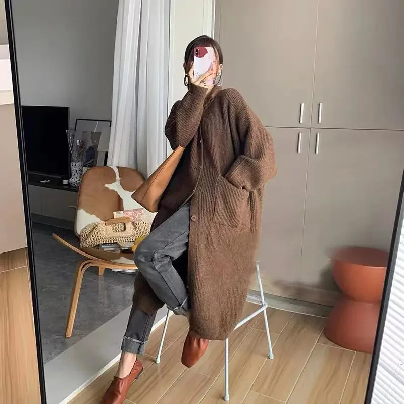 

Winter Long Sweater 2025 Women Long Sleeved Knitted Cardigan Solid Casual Single-breasted High Neck Double Pockets Knitwear Coat