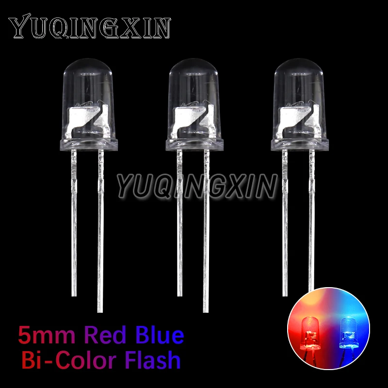 50pcs F5 5mm Flash Red Blue Bi-Color Light-Emitting-Diode Automatic Flashing LED Flash Control Blinking 5 mm LED Diode DIY