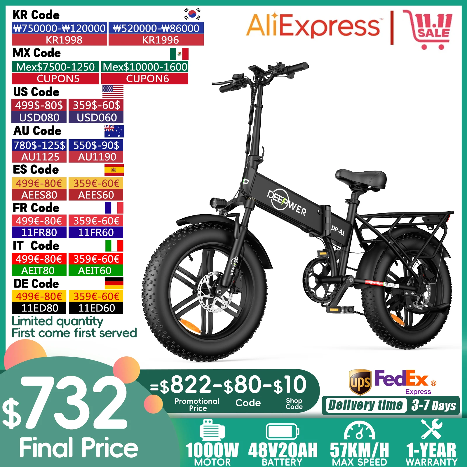 DEEPOWER A1 Folding Electric Bicycle 1000W 48V 20AH Fat Tire Ebike Mountain 20 Inch Commuting Electric Bikes For Adults E Bikes