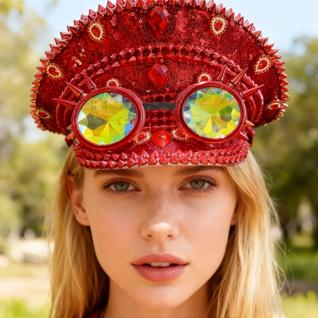 

HongLuan Red Steampunk Captain Hat Rhinestone with Goggles for Burning Man Festival Woman, Military Accessories & Cap for Man