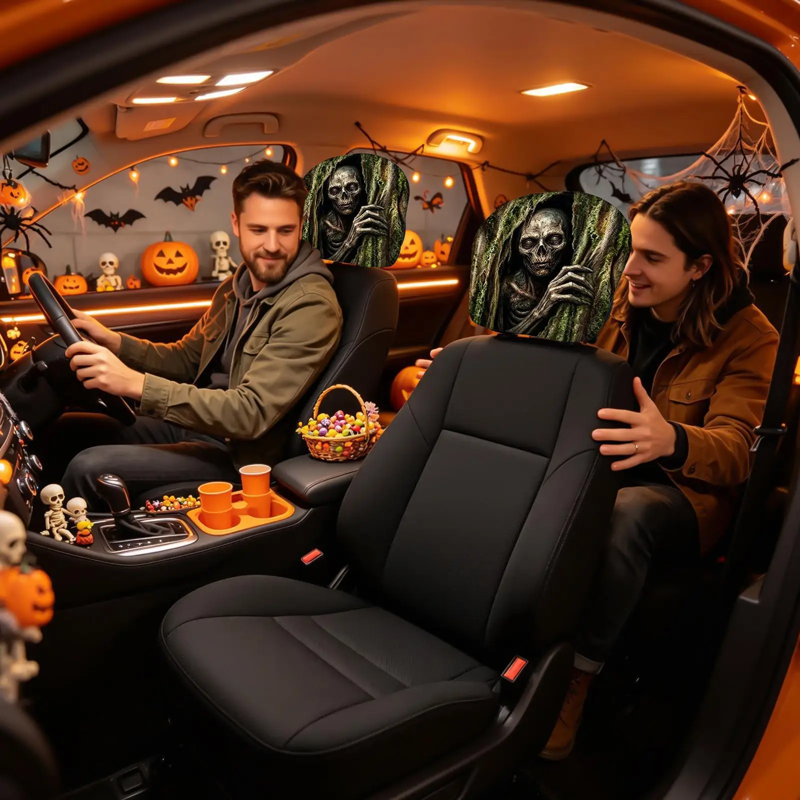 Car Headrest Cover Spooky Washable Auto Seat Accessories Horror Car Headrest Cover For Vehicles Trailer Motorhome Traveling