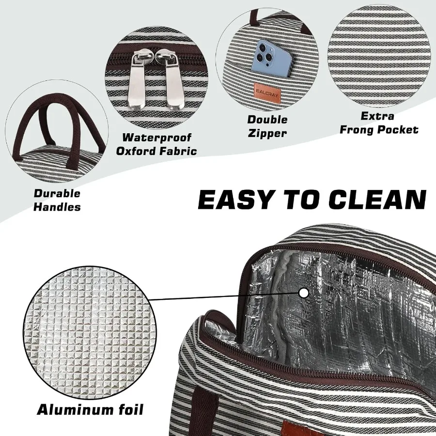 حقيبة غداء للنساء والرجال صندوق غداء معزول للبالغين حقيبة غداء قابلة لإعادة الاستخدام للعمل والنزهة أو السفر بخطوط سوداء وبيضاء #4