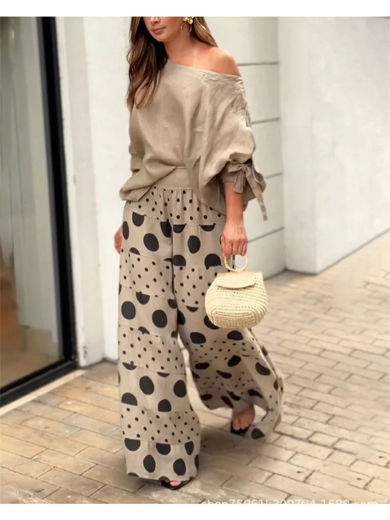Solid Color Nine-quarter Sleeve Slant Collar T-Shirt Pants Women Two Piece Sets Dot Prints Multi-layer Splice Pants Female Suits