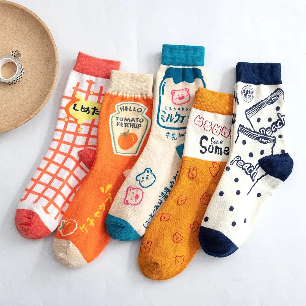 

5 Pairs/Set Women's Streetwear Spring Autumn Cartoon Grid Woman Socks Cotton Kawaii and Funny Skateboard Crew Socks