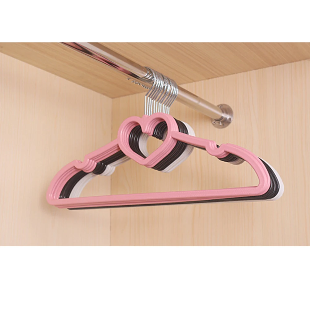 Multifuncional Loving Heart Plastic Hanger para adultos e crianças, carrinho de roupa, cabide, Home Storage Organization, rosa, 10pcs