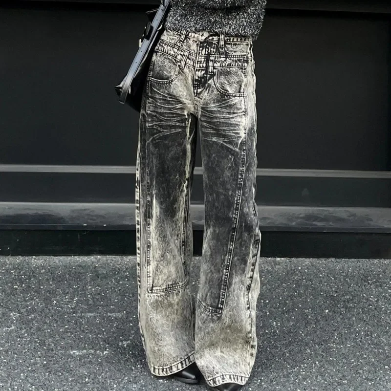 2024  Tie Dye Vintage Grey Baggy Jeans Pants For Women Clothes Wide Leg New Rock Straight Goth Lady Trousers