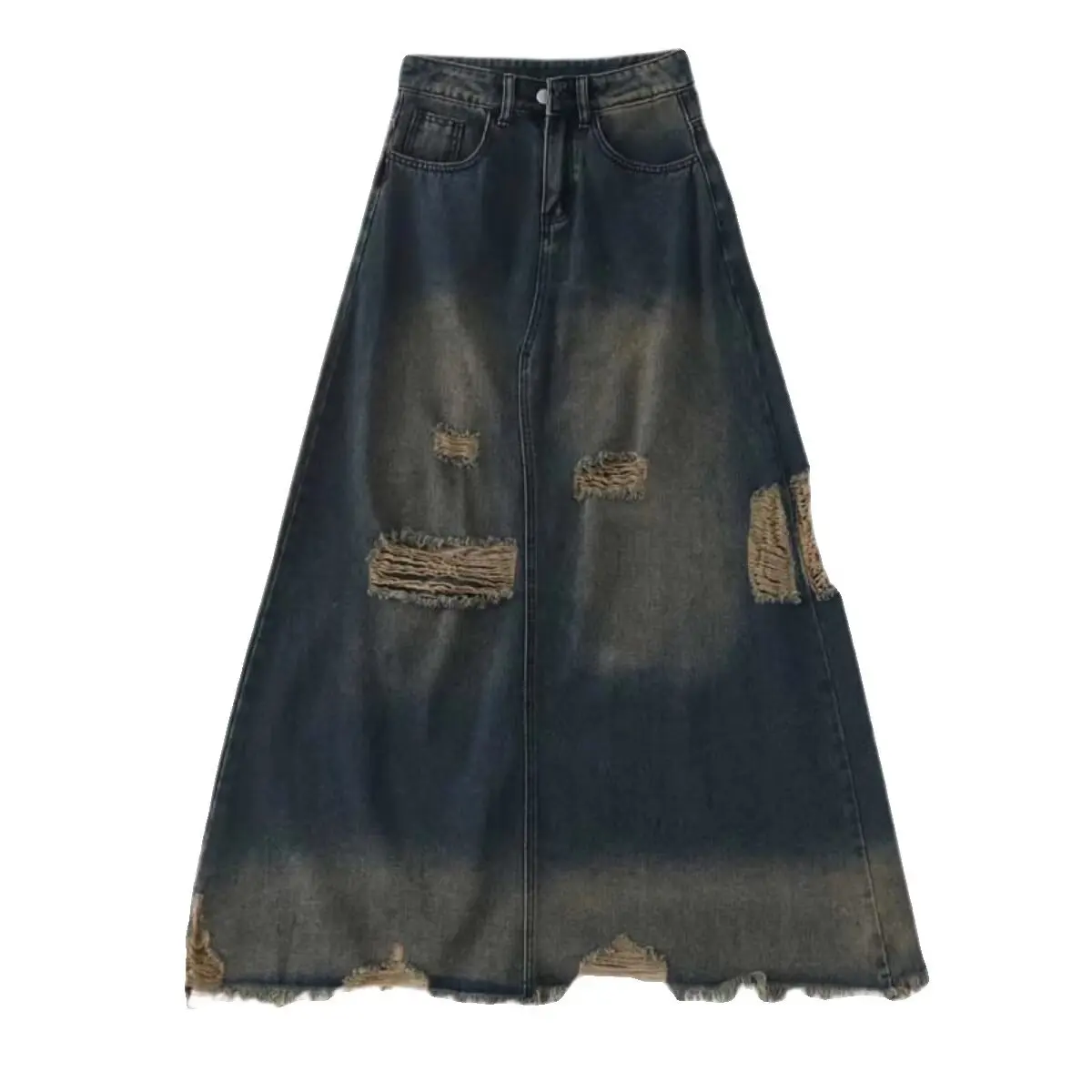 

Nostalgic fringed high waist slimming ripped denim skirt