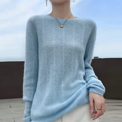 DjzDsm Women O-neck Pullover Sweater Hollow Out Long Sleeve Jumper 100% Merino Wool Knitwear Basic Casual Clothes Autumn Winter