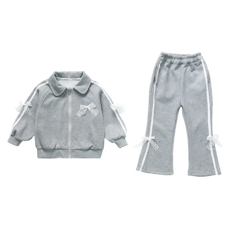 2025 winter AUTUMN girls Clothes Children bow top Suit Teenager tracksuit striped jacket + long pants 4 5 8 9 10 11 12 year