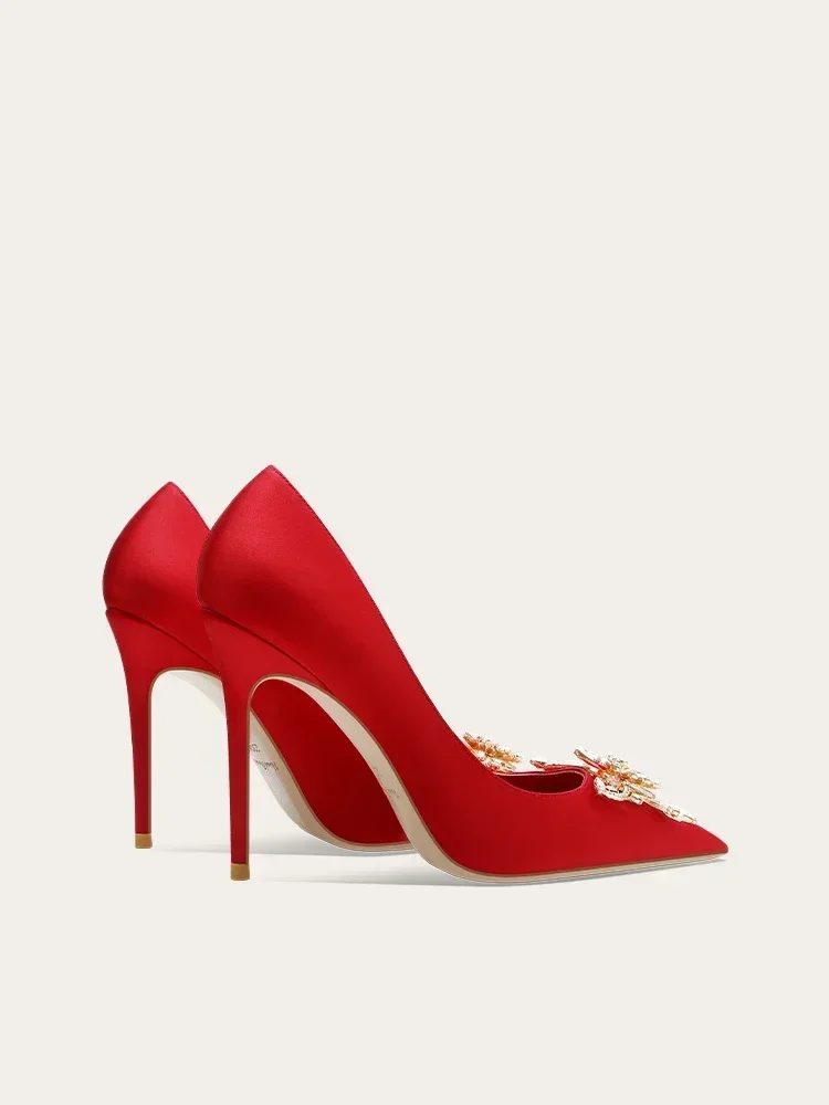 2025 Spring and Autumn New Women's High Heels Chinese Red Bridal Wedding Dress High Heels